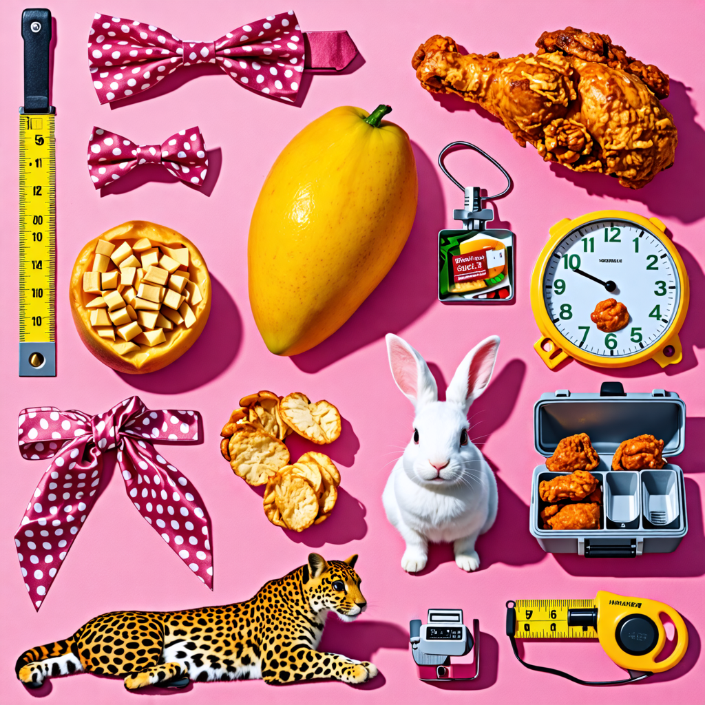 bowtie, sword, pink, cheetah, mango, fried chicken, rabbit, tape measure, motorcycle, box